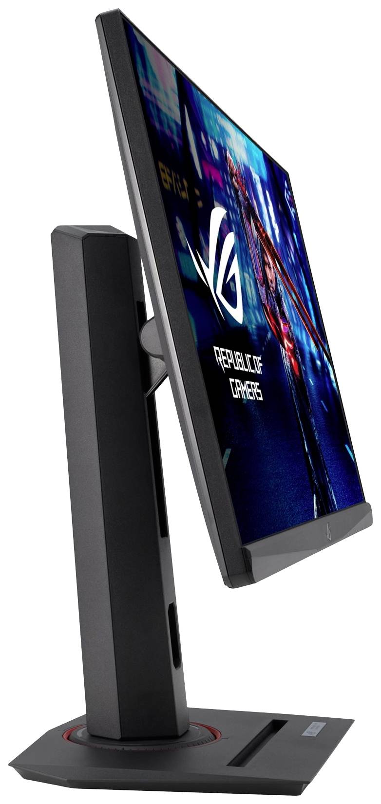 Smukły, czarny monitor komputerowy, widziany z boku, wyświetla dynamiczny obraz z gry na swoim ekranie.