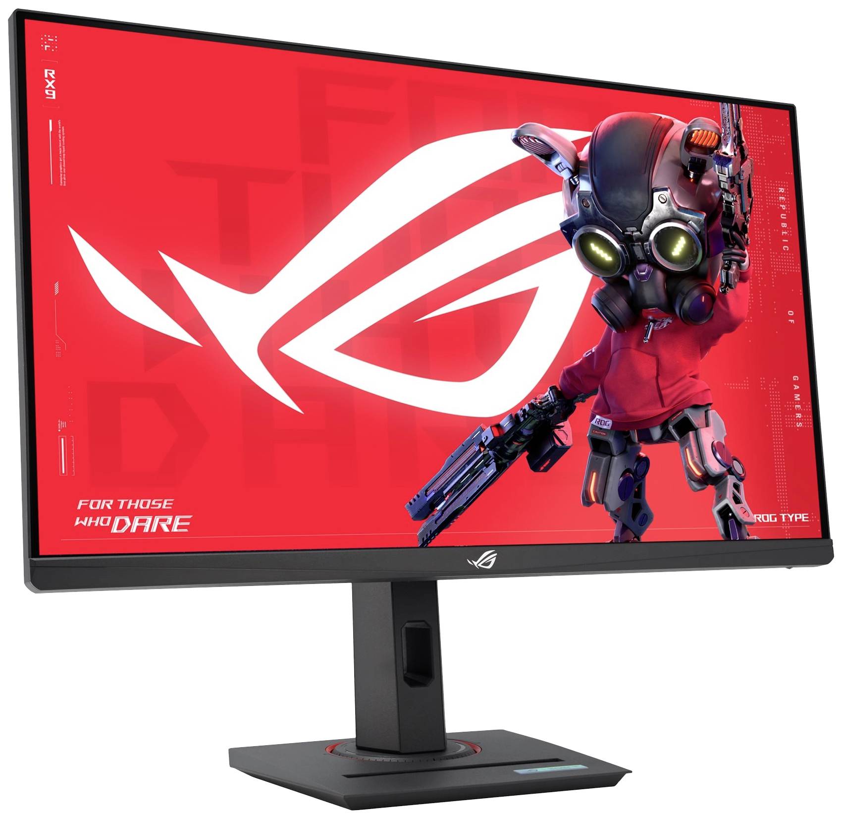 Monitor do gier z futurystycznym robotem na czerwonym tle, logo ROG po lewej stronie.