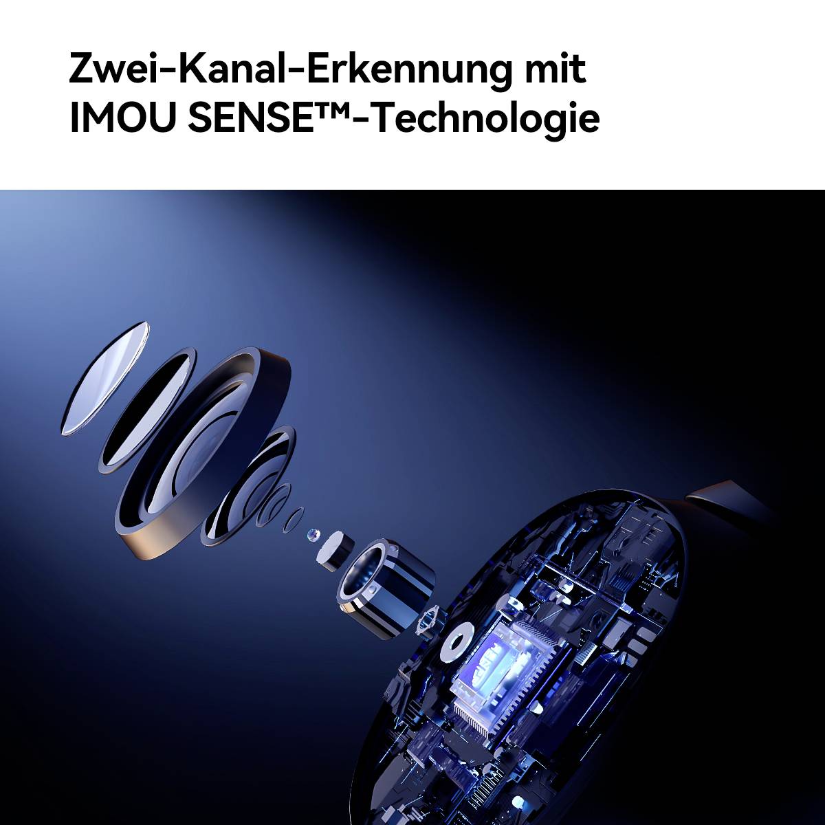 Rozebrany obiektyw kamery z chipem technologicznym, otoczony niebieskim refleksem świetlnym. Tekst towarzyszący: 'Detekcja dwukanałowa z technologią IMOU SENSE™'.