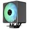 Kwadratowy chłodnik komputerowy z podświetlanym wentylatorem w kolorze niebiesko-zielonym, zamontowany na czarnej podstawie, przeznaczony do chłodzenia komputera PC.