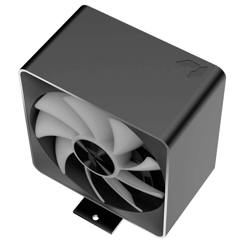 Czarny wentylator chłodzący w prostokątnej obudowie do komputerów lub urządzeń elektronicznych; widoczne są łopatki wentylatora i mocowanie.