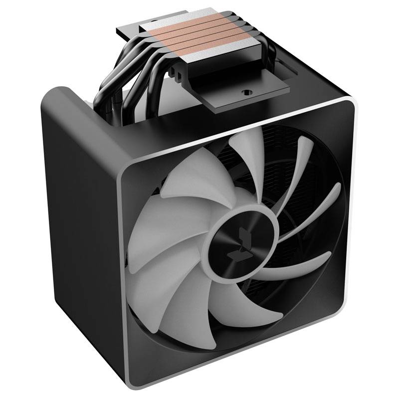 Czarny radiator procesora z dużym, białym wentylatorem i wieloma widocznymi rurkami cieplnymi, które pomagają odprowadzać ciepło.