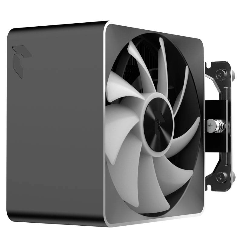 Czarny wentylator komputerowy w prostokątnej obudowie z dużym białym kołem wentylatora, zamontowany na radiatorze.