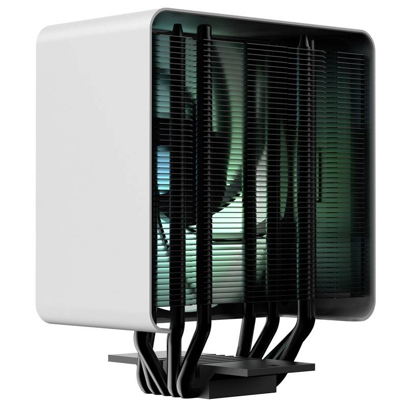 Obudowa komputera w nowoczesnym, białym designie z widocznymi otworami wentylacyjnymi i stylowym oświetleniem wewnętrznym.