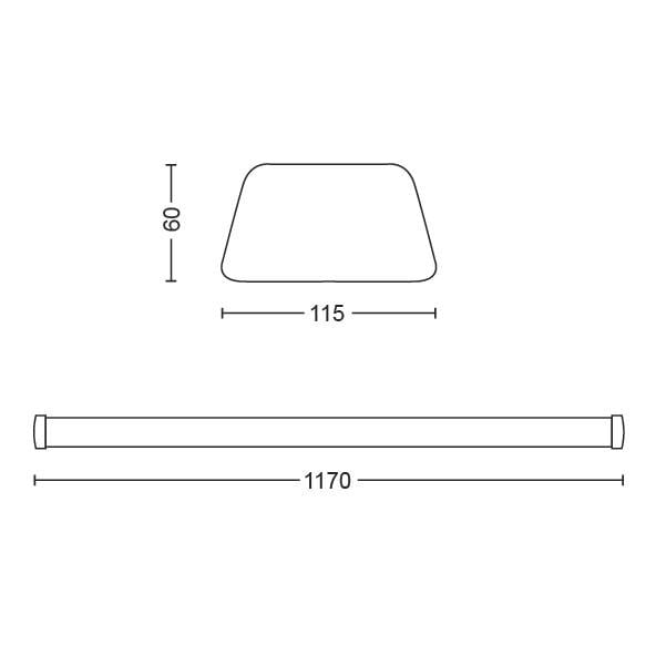 Rysunek techniczny prostokątnego obiektu z zaokrąglonymi narożnikami, wymiary: szerokość 115 mm, wysokość 60 mm, długość 1170 mm.