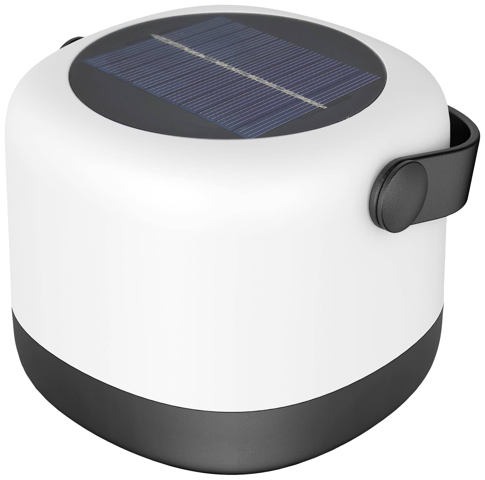 Przenośna lampa LED zasilana energią słoneczną o okrągłym, nowoczesnym designie z zintegrowanym panelem solarnym na górnej powierzchni.