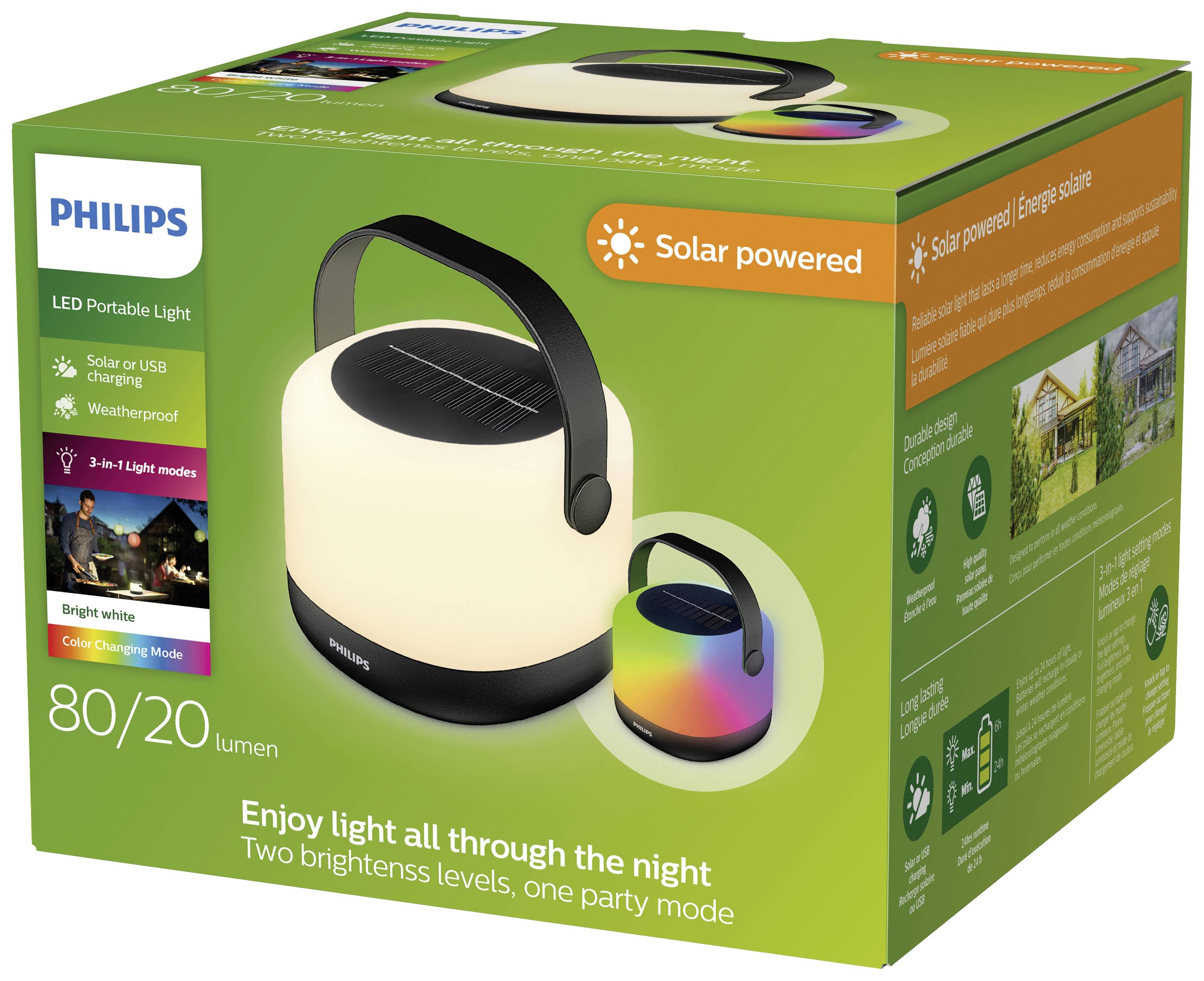 Przenośna lampa LED firmy Philips, zasilana energią słoneczną lub przez USB. Dwie opcje jasności, tryb imprezowy, idealna do użytku na zewnątrz.