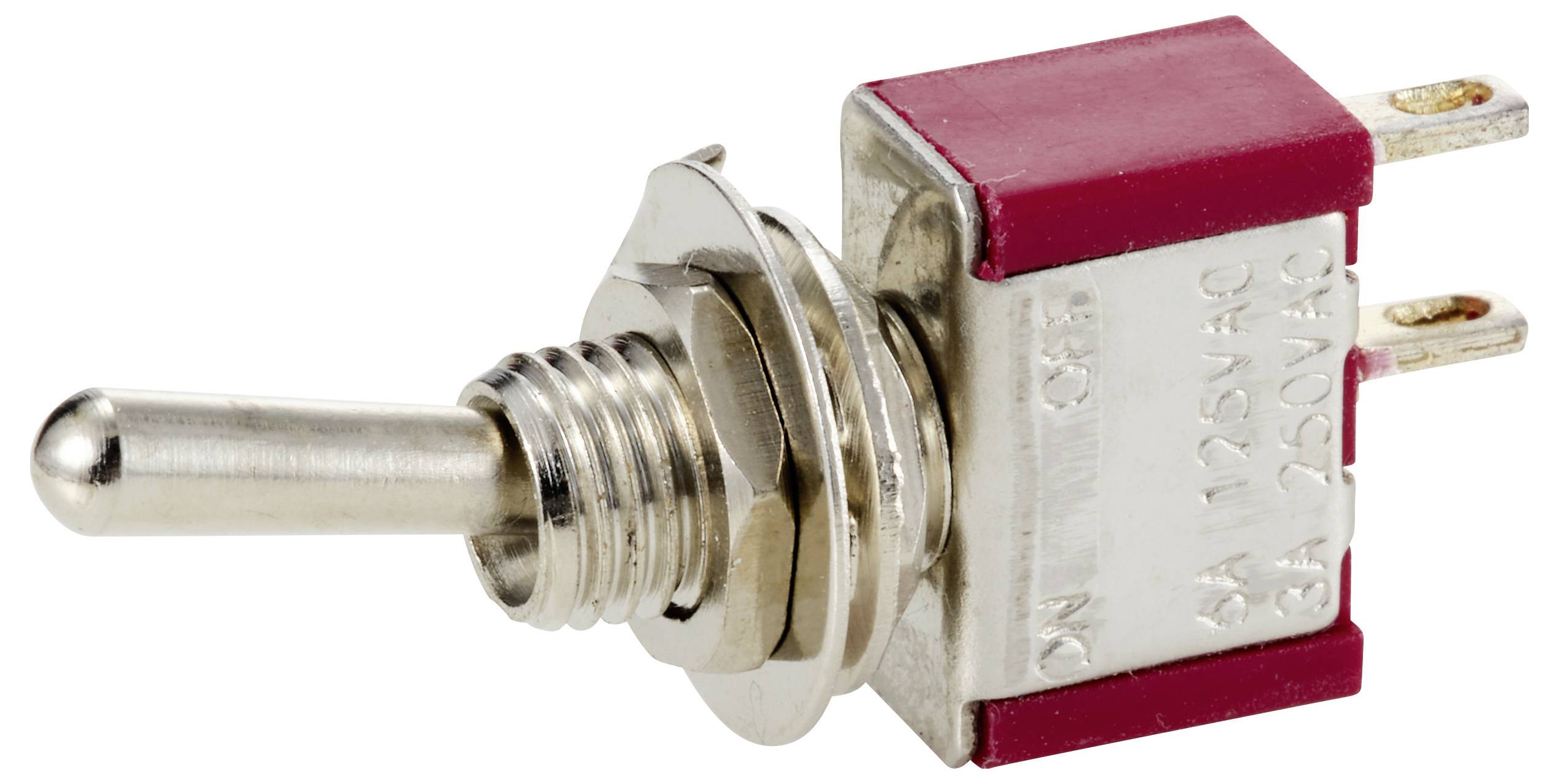 Przełącznik kołyskowy w czerwonej obudowie z metalową dźwignią, odpowiedni dla obciążenia 3A przy 250V prądu przemiennego, z dwoma złączami.