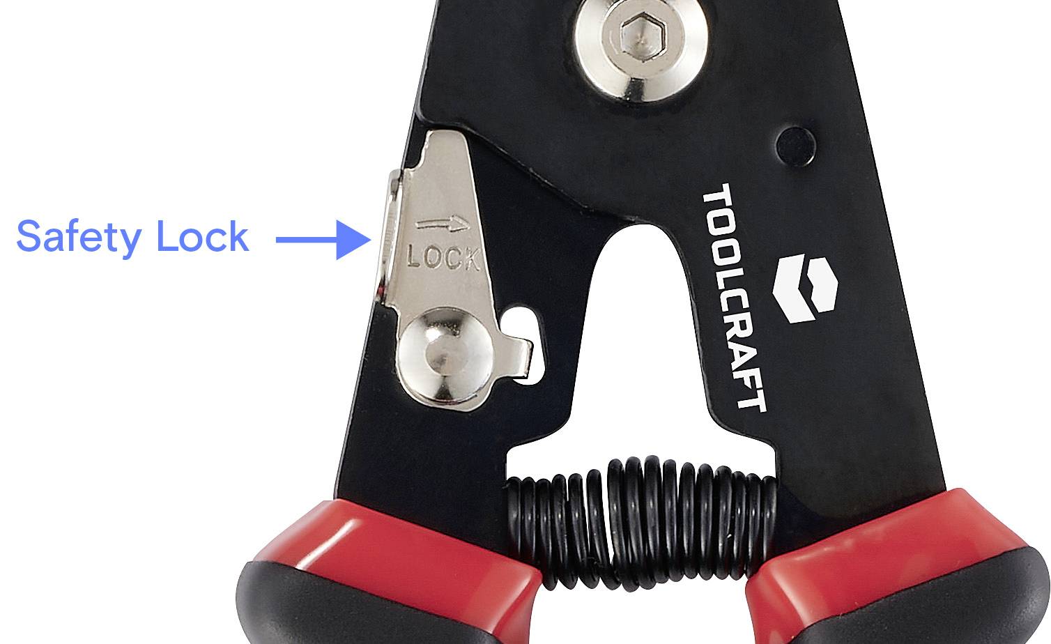 Szczypce z czerwoną rękojeścią i zabezpieczeniem. Niebieski strzałka wskazuje oznaczenie 'LOCK'. Marka narzędzia widoczna po lewej stronie.