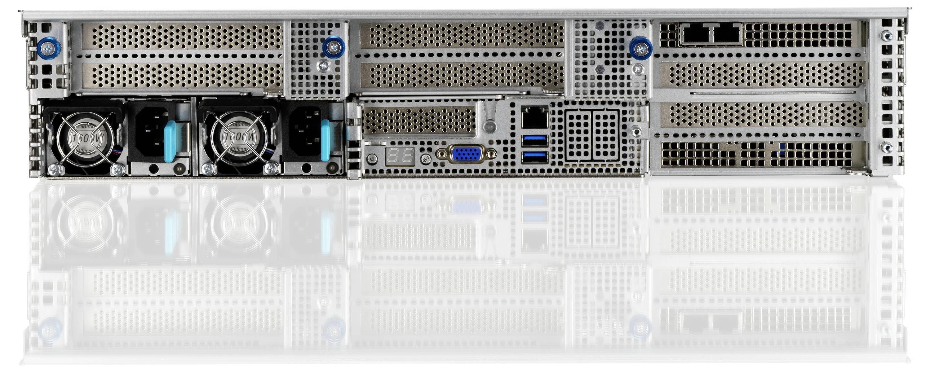 Tylna strona obudowy serwera z dwoma wentylatorami, kilkoma portami przyłączeniowymi oraz kratkami wentylacyjnymi do chłodzenia i serwisowania.