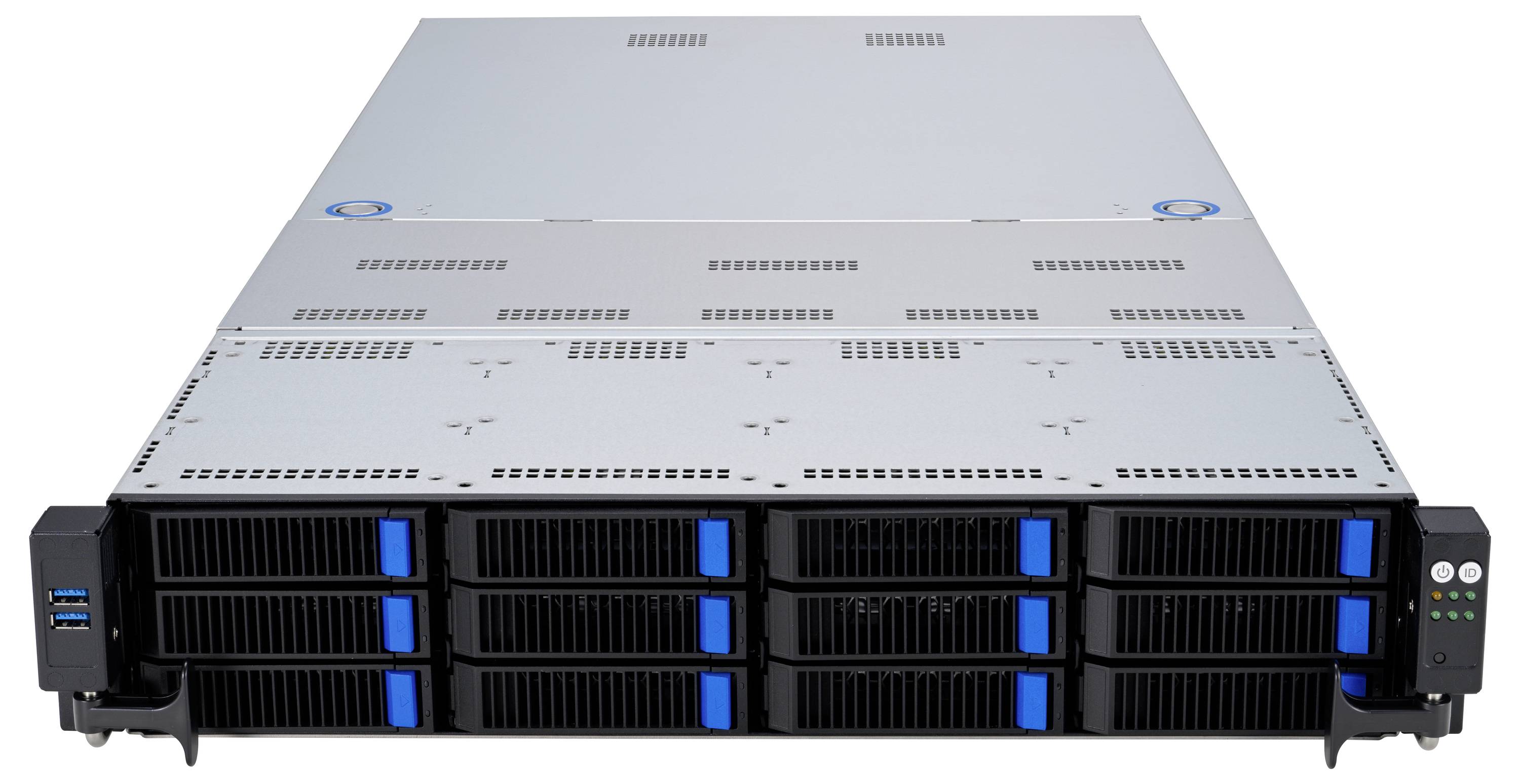 Srebrzysto-szary serwer z wieloma slotami na dyski twarde w obudowie do szafy serwerowej, widziany z przodu, ukazujący otwory wentylacyjne i złącza.