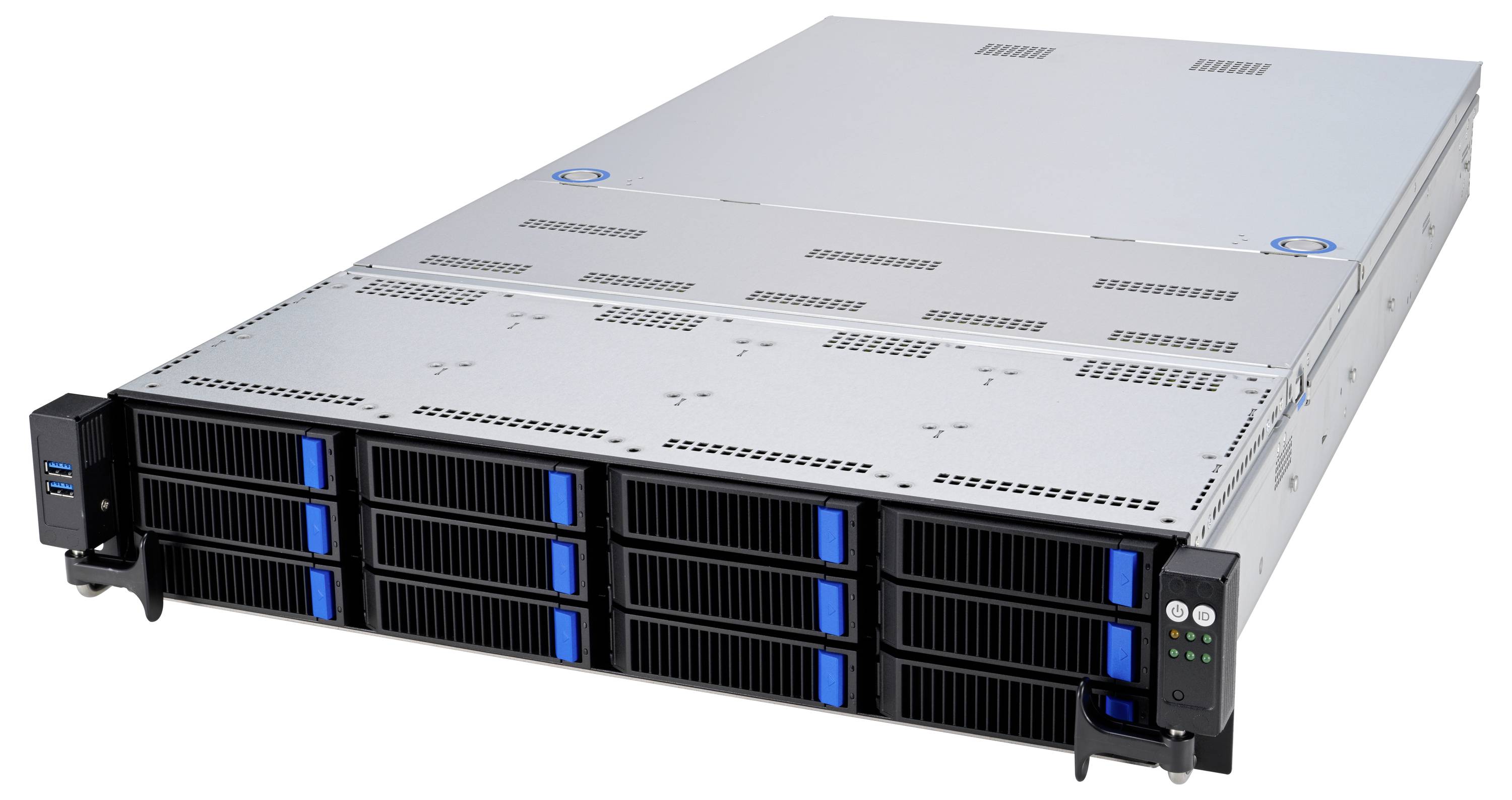 Srebrzysto-szary serwer z wieloma kieszeniami na dyski twarde z przodu. Idealny do zaawansowanego przetwarzania danych i magazynowania informacji.
