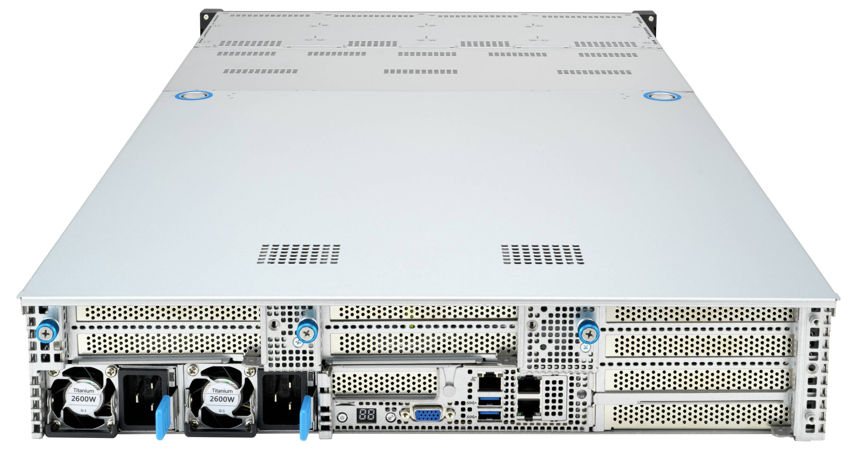 Srebrny serwer z wieloma otworami wentylacyjnymi i złączami z przodu. Widoczne są dwie jednostki wentylatorów.