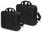 Dwie czarne torby na laptopa z uchwytami i paskami na ramię, ustawione obok siebie. Obie są prostokątne i lekko wyściełane.