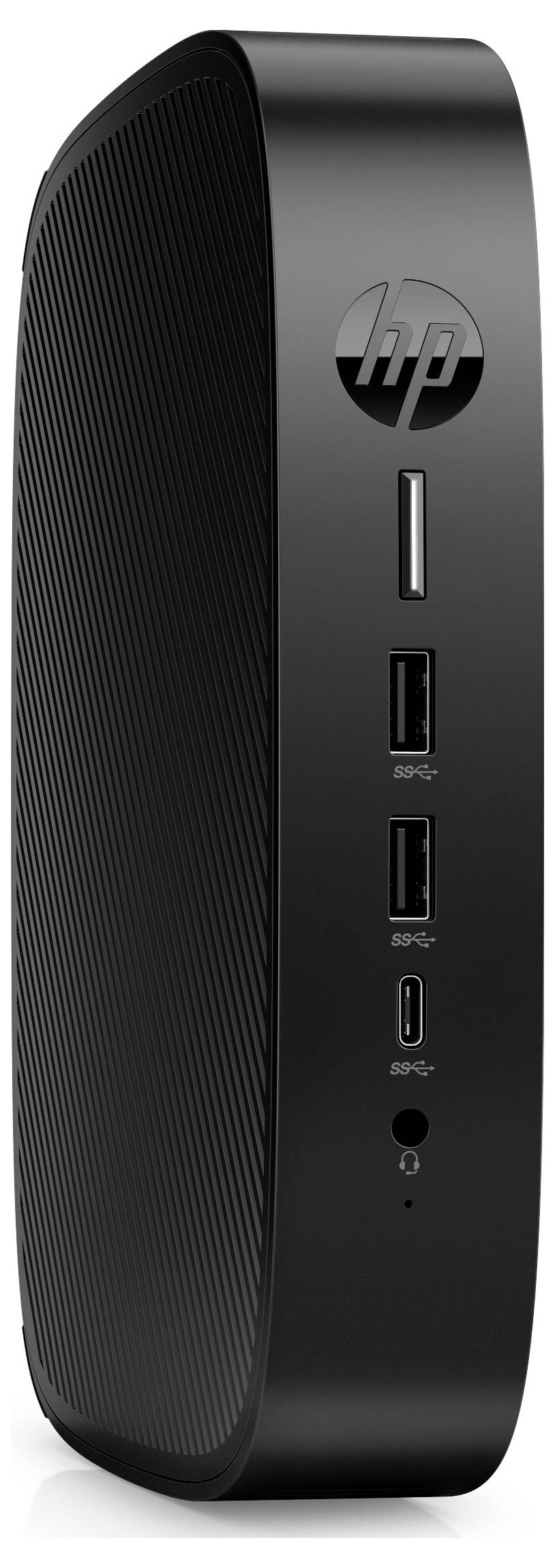Czarny miniaturowy komputer HP, ustawiony pionowo, z wieloma portami USB i gniazdem karty SD z przodu.