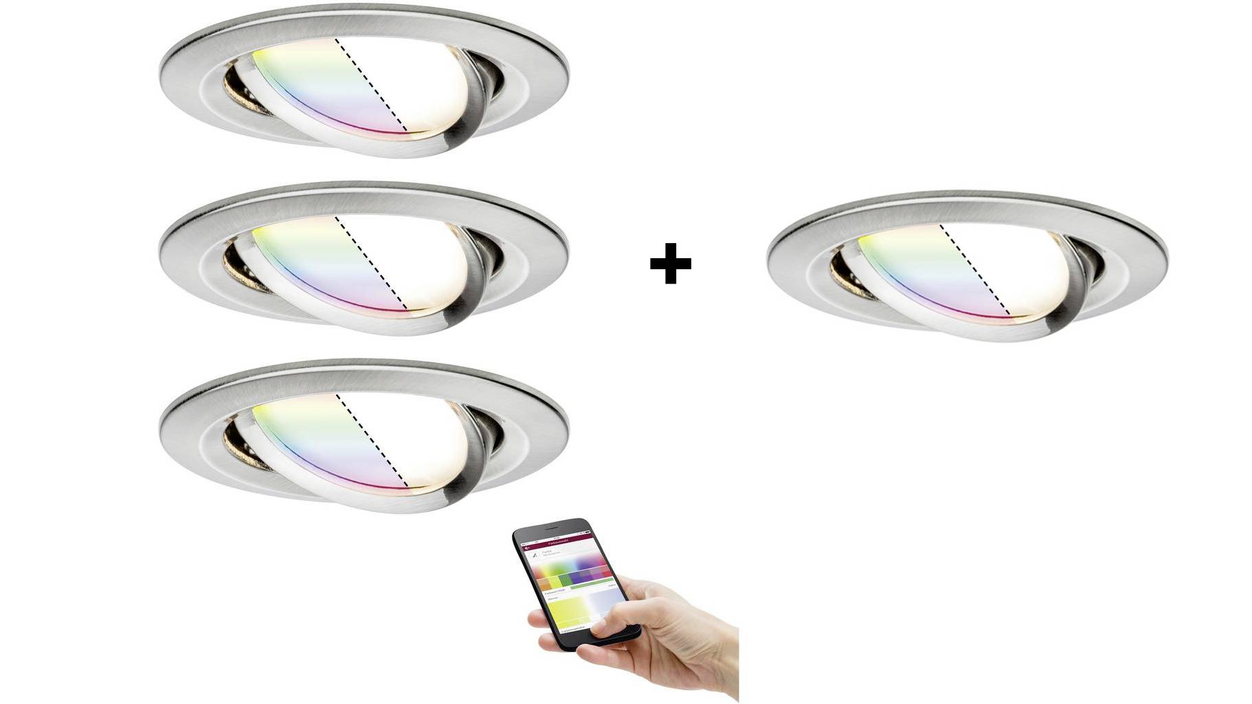 Trzy okrągłe lampy sufitowe plus dłoń trzymająca smartfon z kolorowym interfejsem sterowania oświetleniem na ekranie.