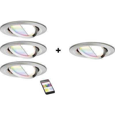 Cztery okrągłe, obrotowe lampy sufitowe ze zmianą kolorów, sterowane za pomocą aplikacji na smartfona.