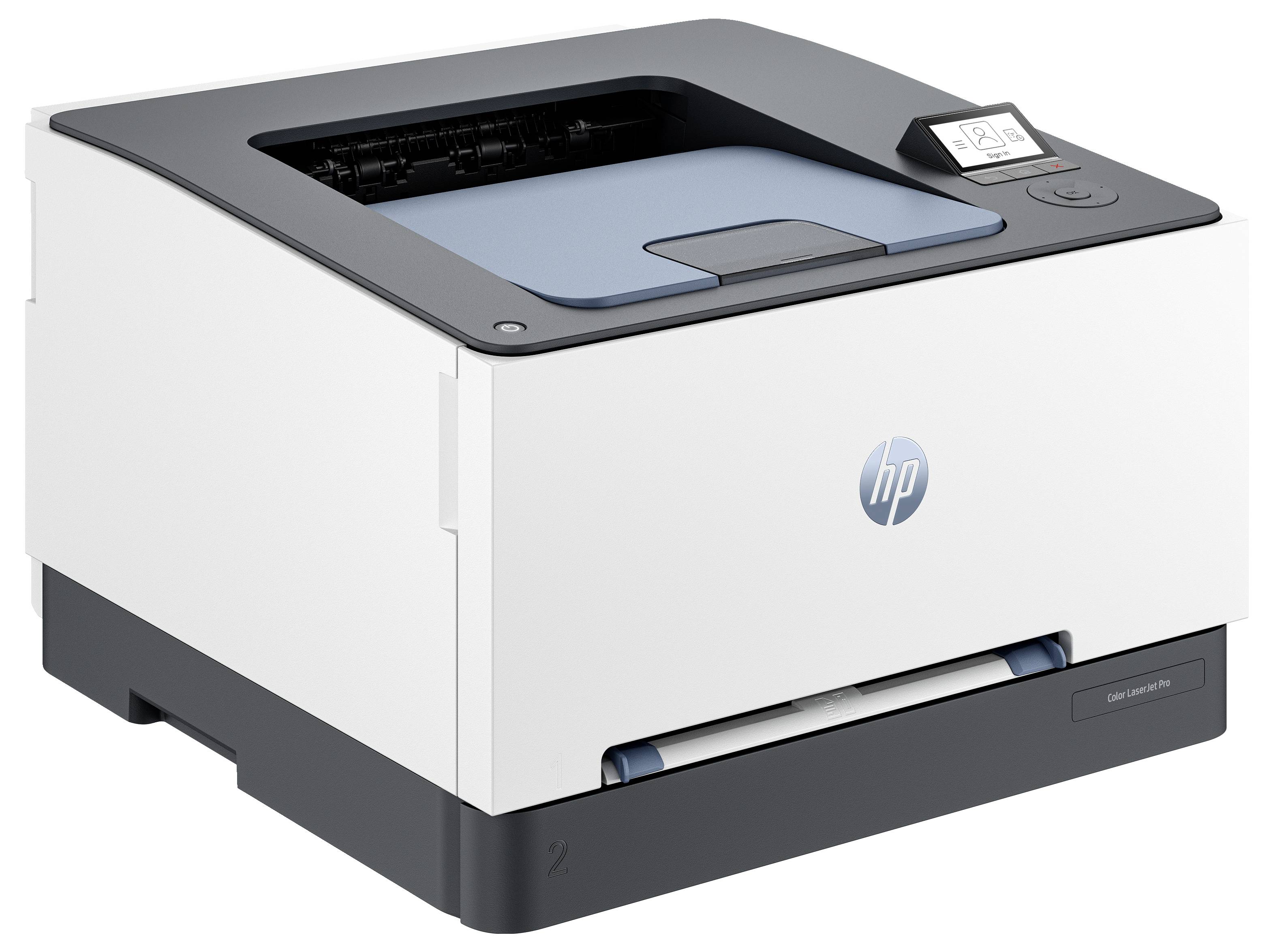 Drukarka laserowa HP pokazana z kąta frontu-prawej strony, z widoczną tacą papieru, szczeliną wyjściową i przyciskami sterowania.