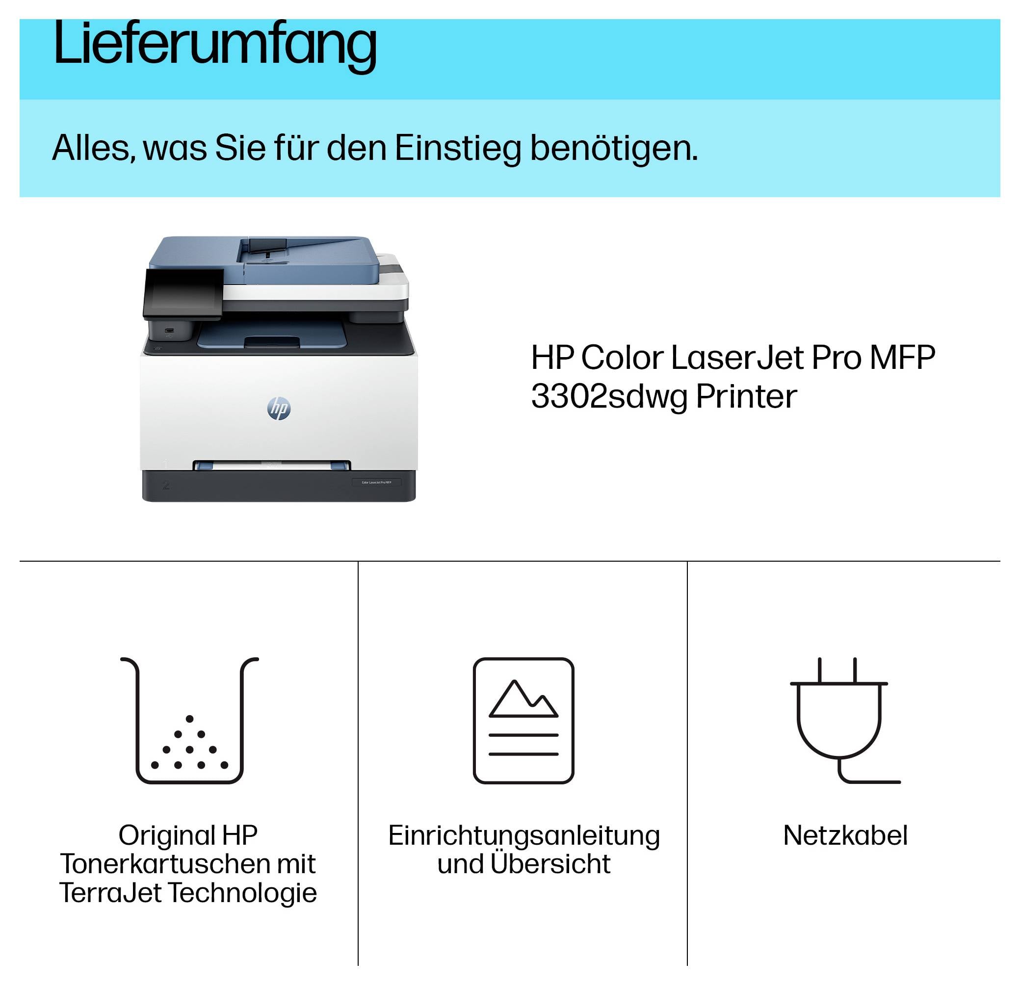 Zawartość opakowania drukarki HP Color LaserJet Pro MFP 3302sdw: drukarka, oryginalna kartridż tonera HP z technologią TerraJet, przewodnik instalacji i kabel zasilający.