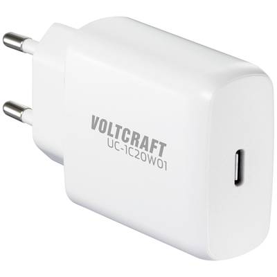 Białe ładowarki USB-C z dwoma wtyczkami europejskimi, z napisem z boku 'VOLTCRAFT UC-1C20W01'.