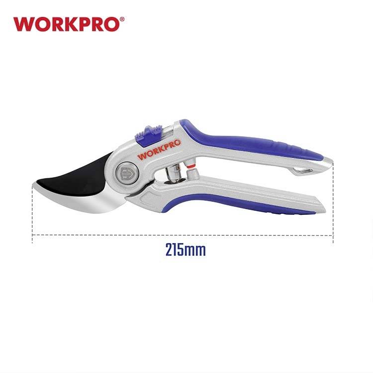 Sekator z niebieskimi uchwytami, nazwa marki 'WORKPRO' w kolorze czerwonym. Długość 215 mm.