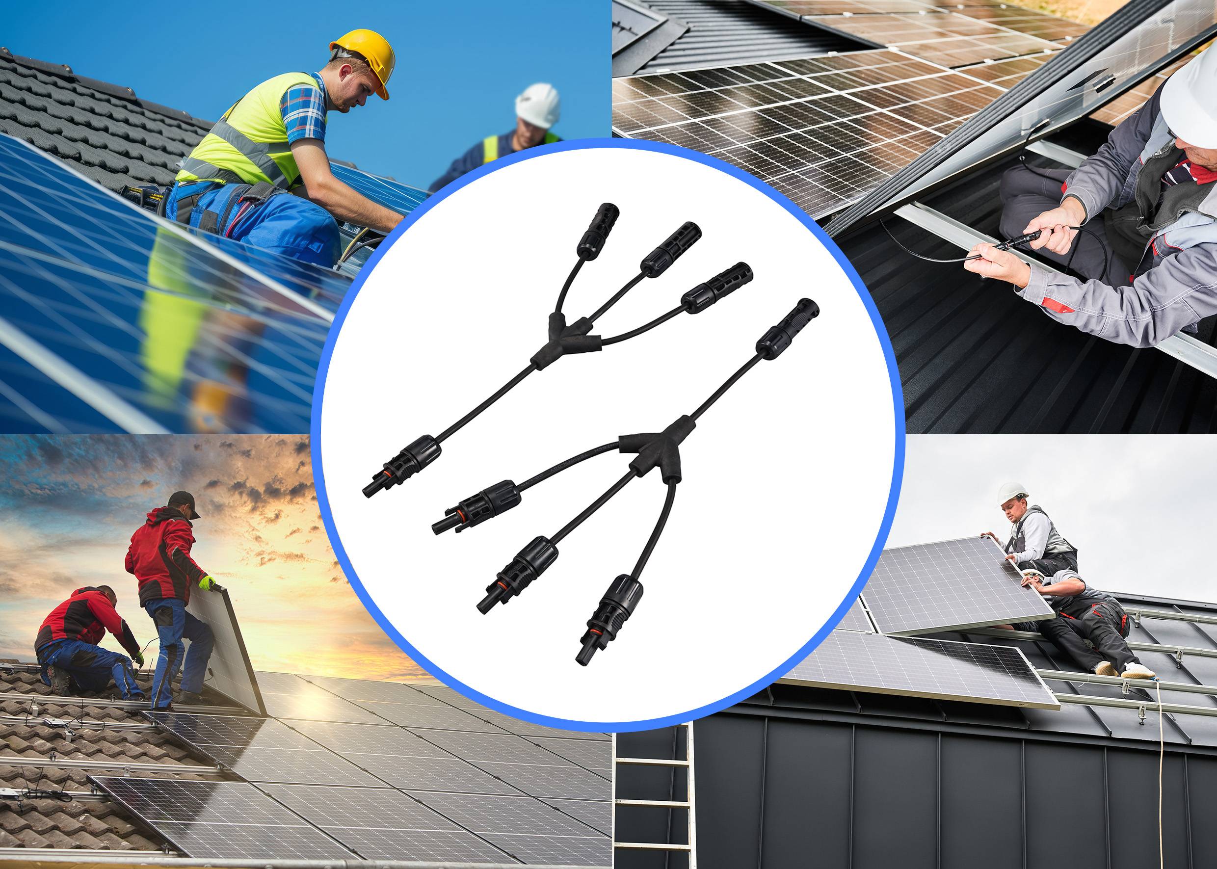 Pięć zdjęć przedstawia pracowników podczas instalacji paneli słonecznych na dachach. W centrum znajduje się obraz złączy kablowych do instalacji solarnych.