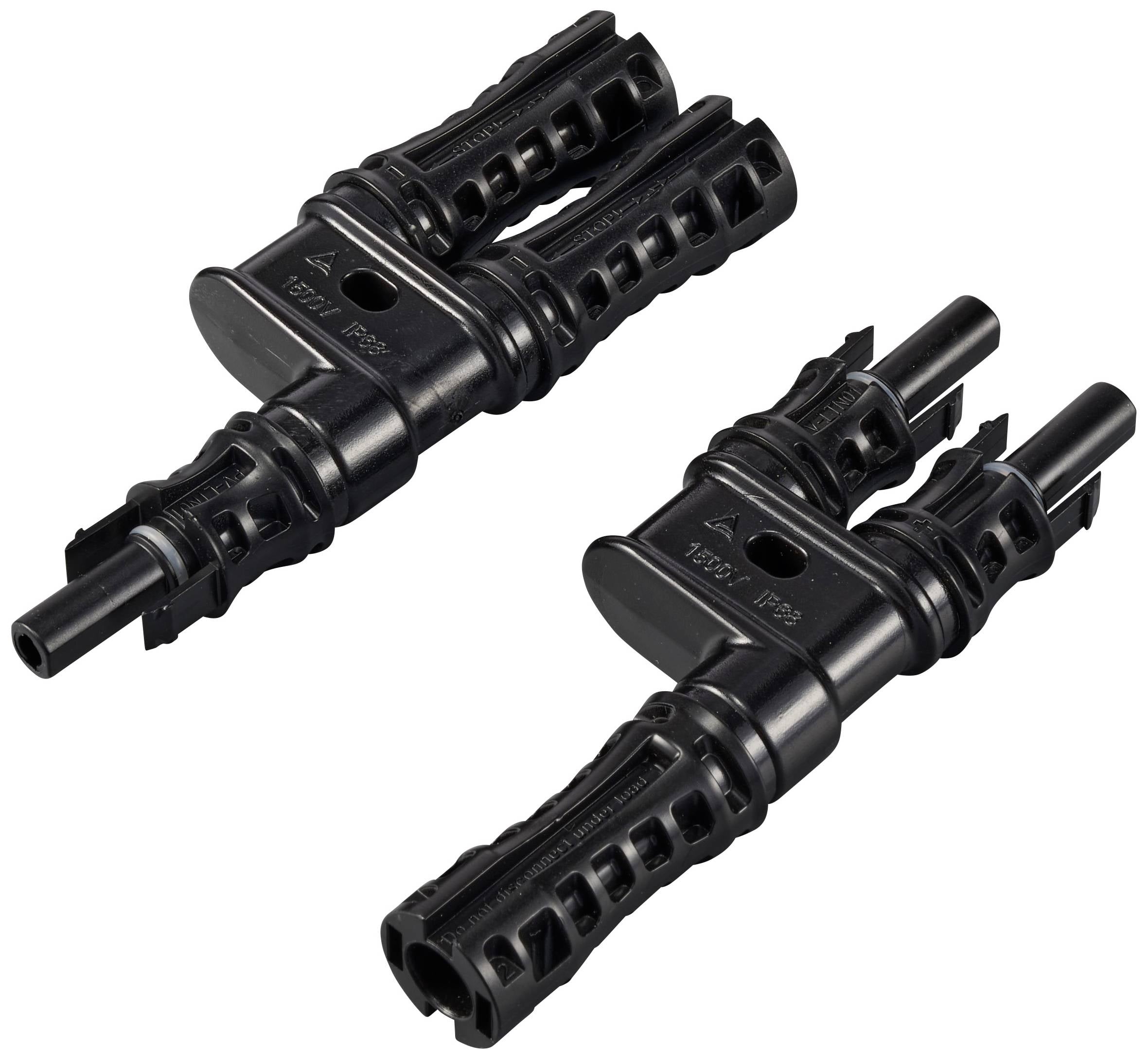 Dwa czarne złącza solarne, odpowiednie do instalacji fotowoltaicznych. Są ustawione równolegle względem siebie i prezentują szczegóły techniczne.