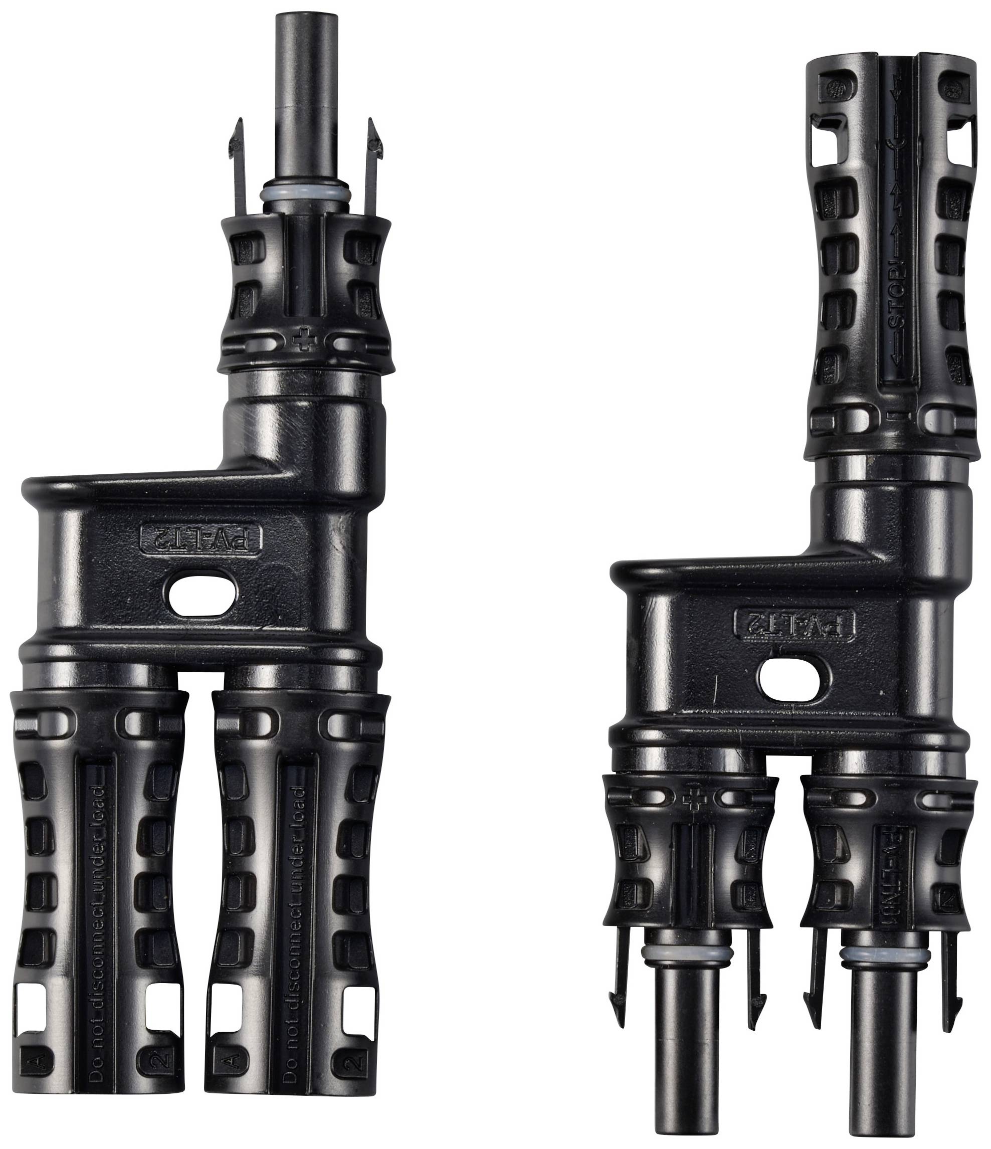 Dwa czarne złącza pionowe z wieloma wejściami. Są podobne kształtem, lecz różnią się strukturą wewnętrzną.