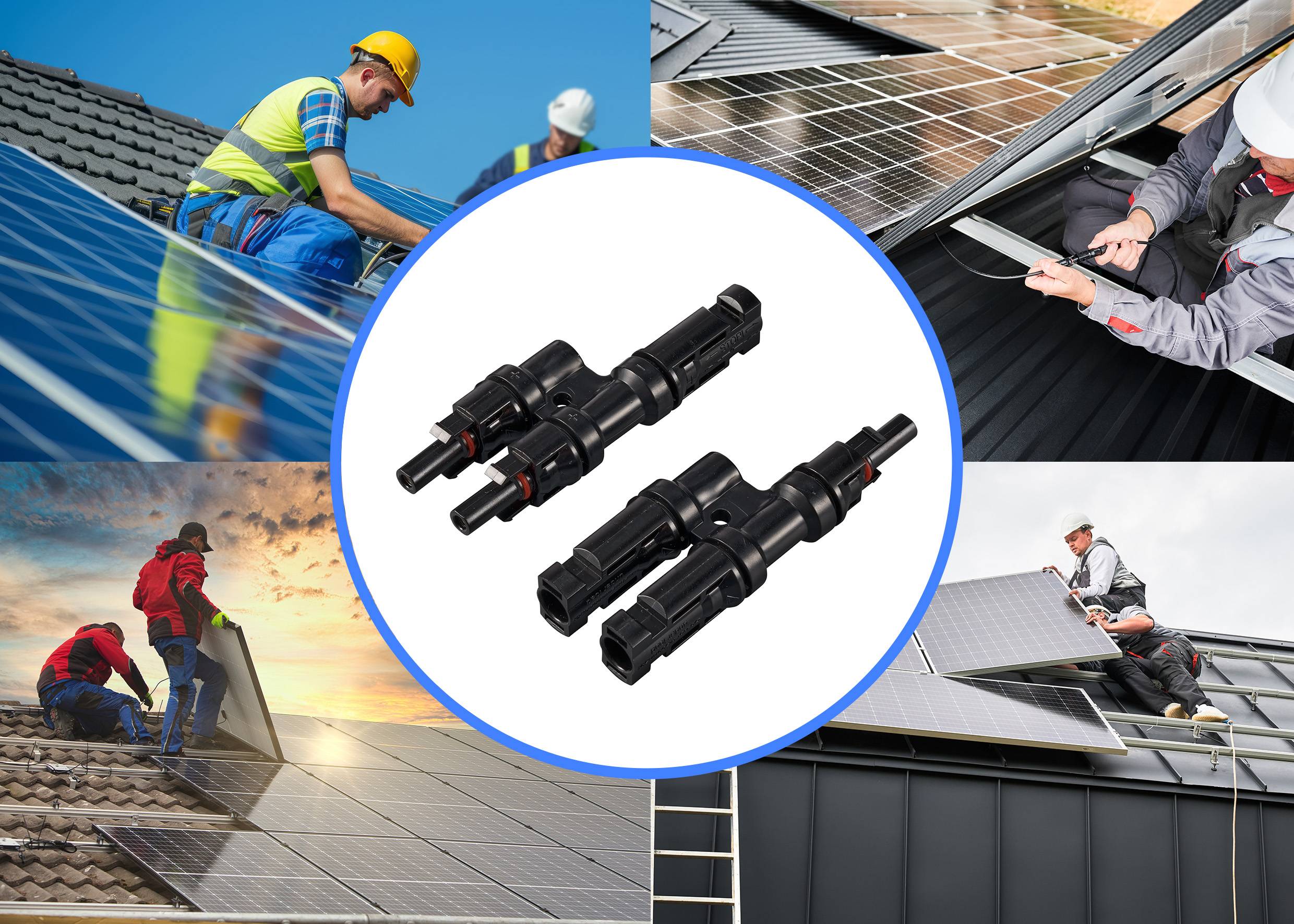 Robotnicy instalują moduły słoneczne na dachach w różnych sceneriach. W centrum uwagi znajdują się dwa czarne wtyczki do instalacji solarnych.