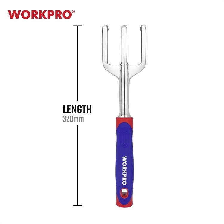 Grabie ogrodowe WORKPRO, długość 320 mm. Metalowa głowica z uchwytem w kolorze niebiesko-czerwonym.