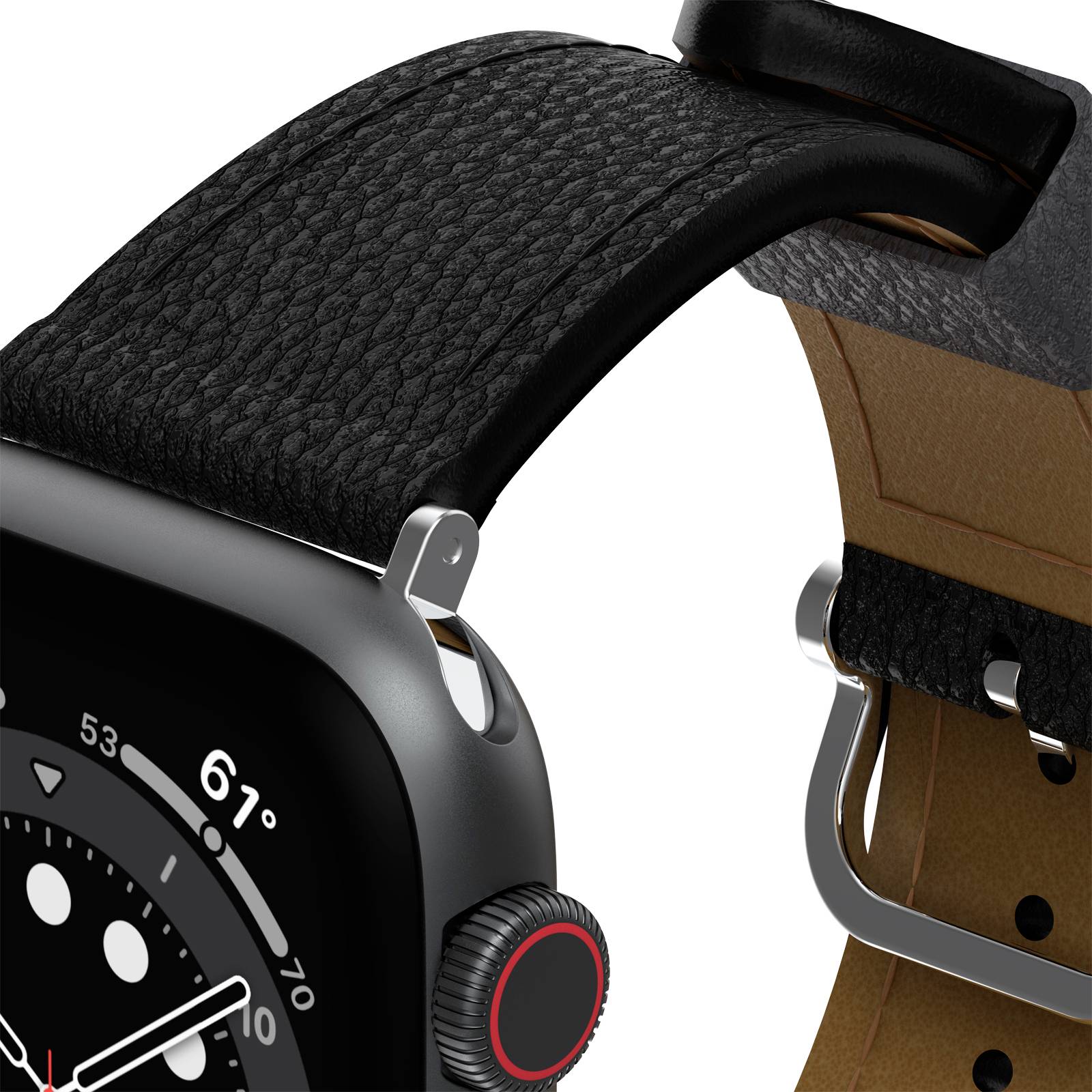 Smartwatch z czarnym skórzanym paskiem, wskazująca czas analogowy. Widoczne metalowe detale i koronka. Wskazówka na stylowy design.