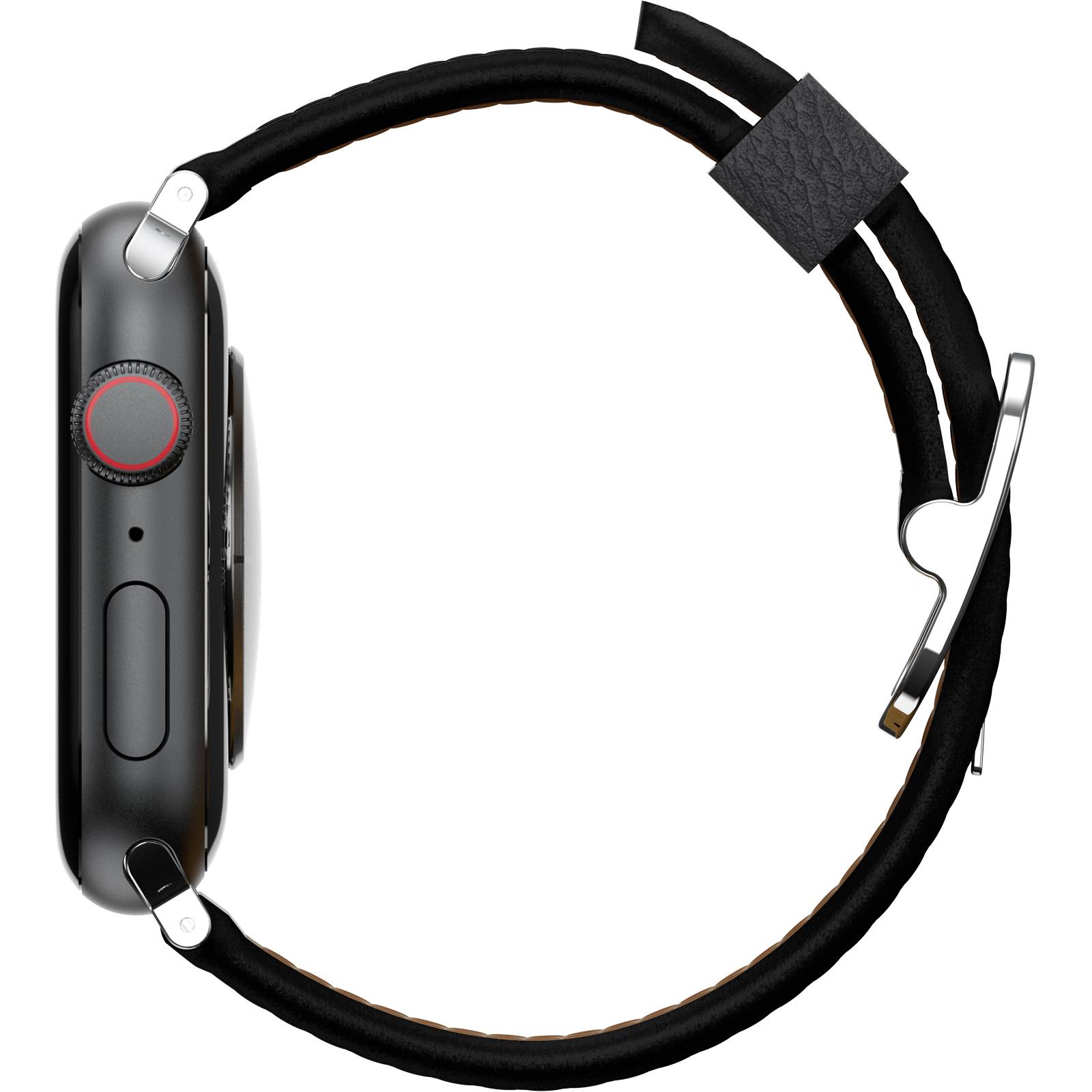 Czarny smartwatch z okrągłą tarczą widziany z boku, czarny skórzany pasek, srebrna klamra, nowoczesna technologia.