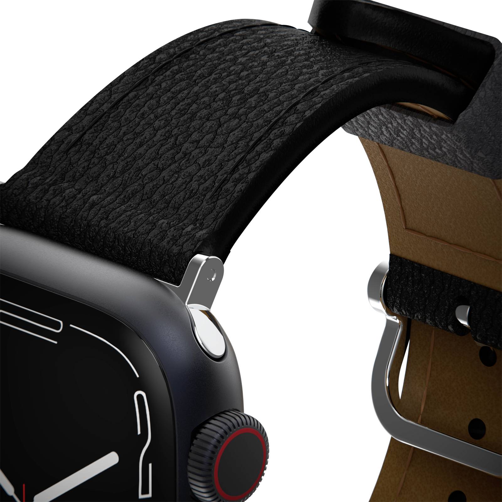 Czarny smartwatch z okrągłą kopertą i klasycznym skórzanym paskiem. Zegarek nie wskazuje żadnej konkretnej godziny.