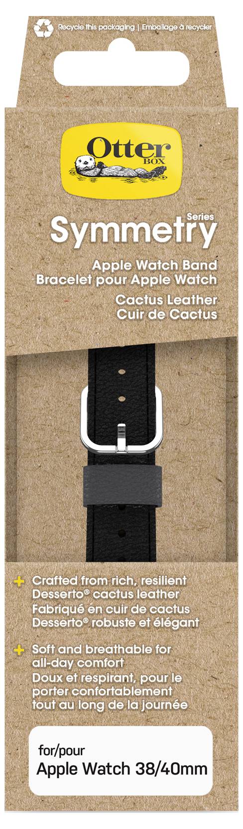 Opakowanie opaski na Apple Watch 38/40mm z czarnej skóry kaktusowej 'Otter Symmetry'. Ekologiczne i oddychające.