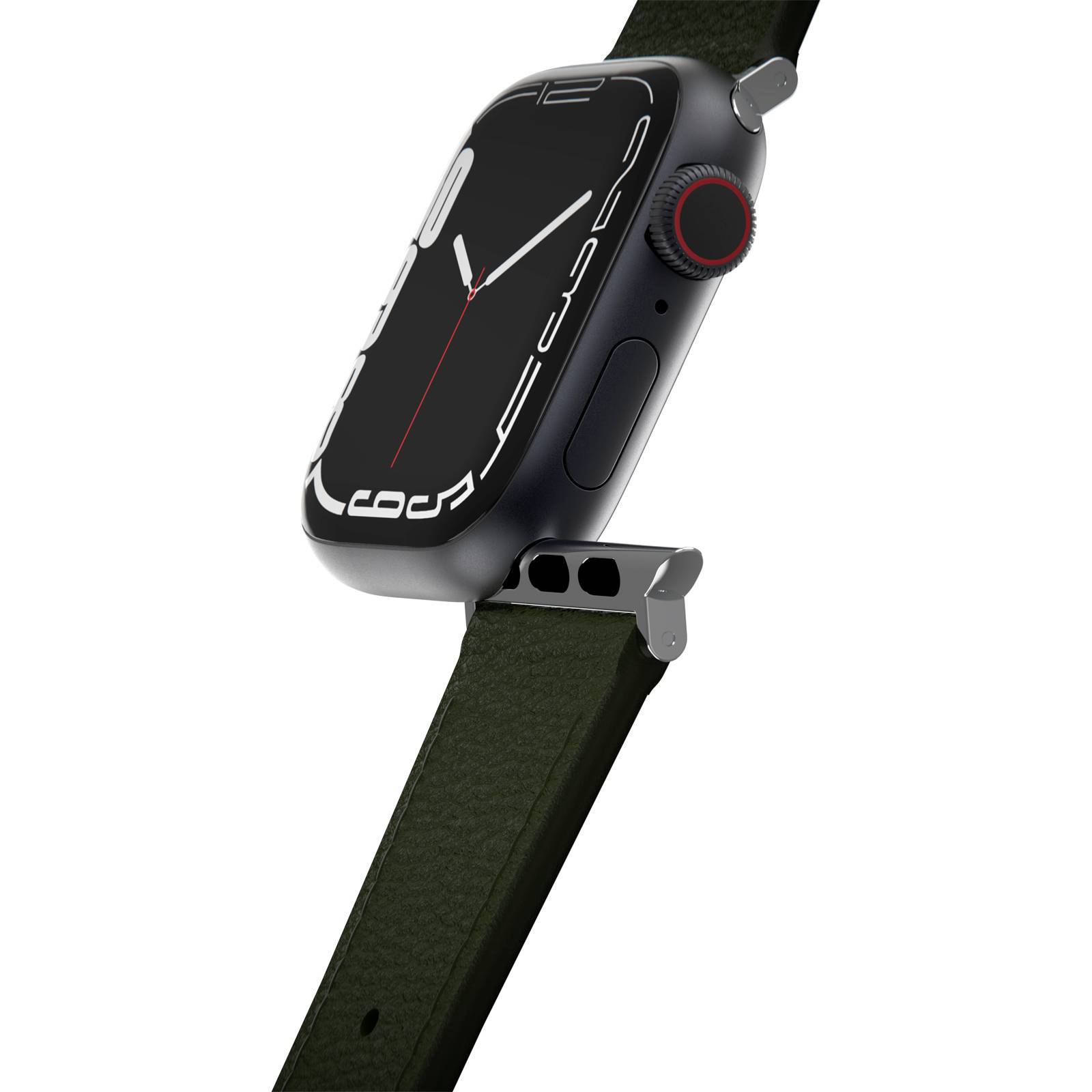 Nowoczesny smartwatch z czarną tarczą i zielonym paskiem, sfotografowany z boku na białym tle.