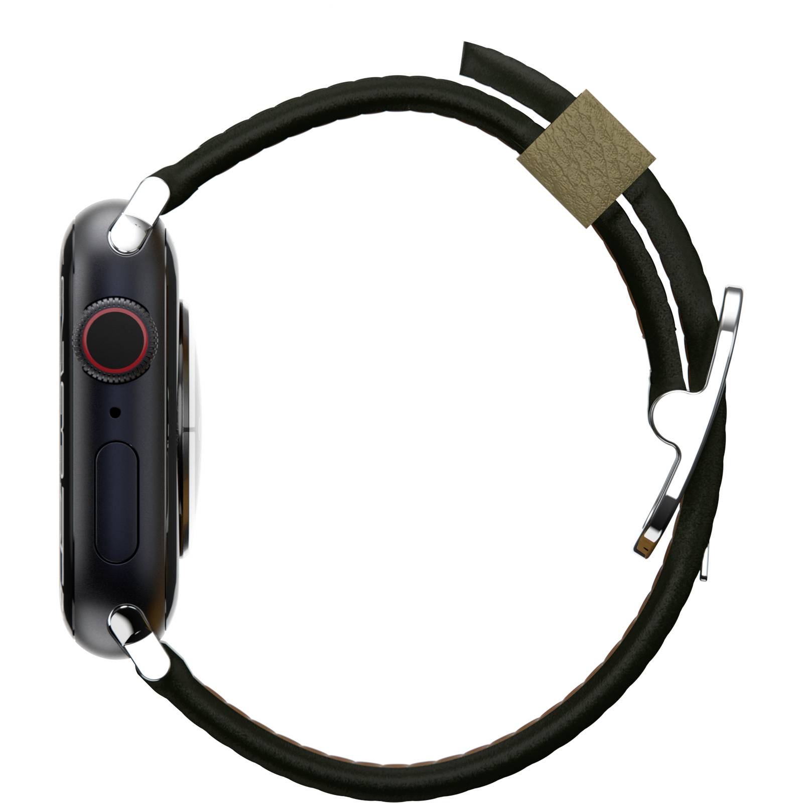 Inteligentny zegarek z czarnym paskiem i koronką z boku, przedstawiony z prawego profilu.