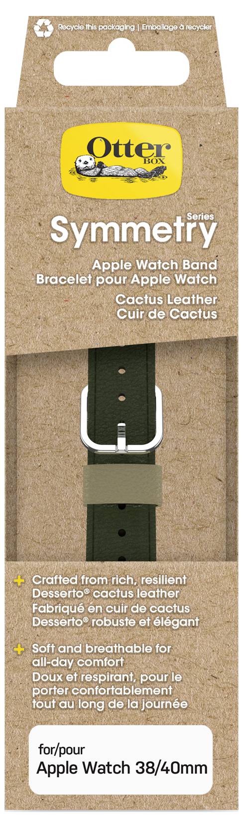 Opaska na Apple Watch wykonana z wytrzymałej skóry kaktusowej, pasująca do modeli 38/40mm. Miękki, oddychający materiał w kolorach zielonym i oliwkowym.