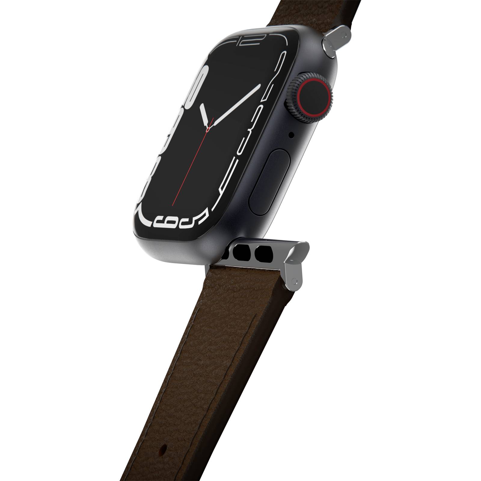 Nowoczesny smartwatch z czarną obudową i brązowym skórzanym paskiem, wyświetlający analogowy zegar z minimalistycznymi cyframi.