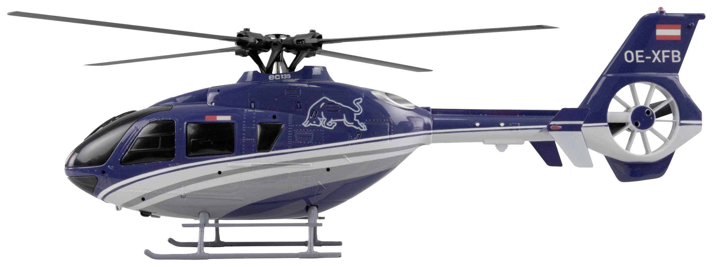 Niebieski helikopter z białymi paskami i czerwonym logo jest widoczny z boku.