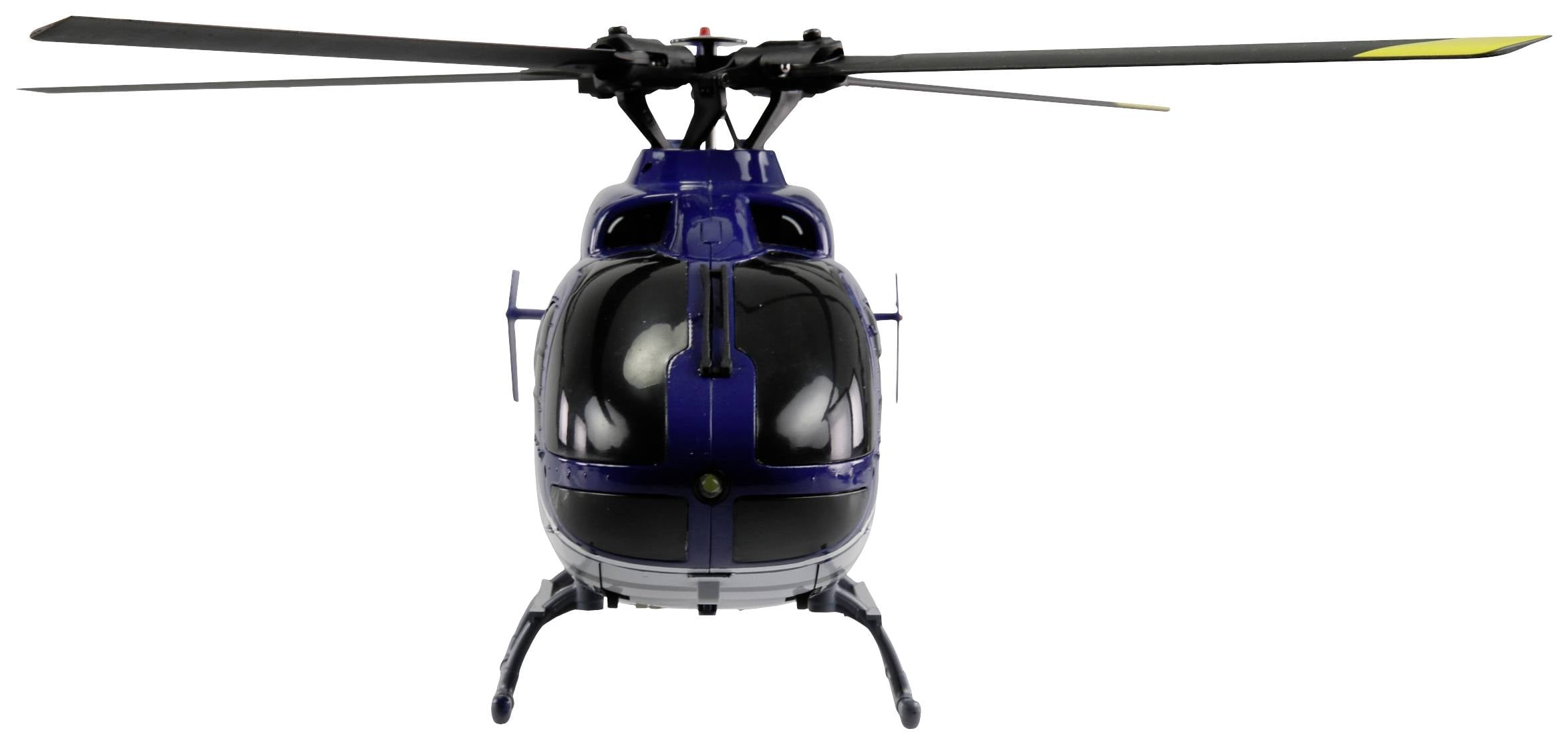 Niebieski helikopter sfotografowany od przodu, stoi na białym tle. Zdjęcie prezentuje widok z przodu statku powietrznego.