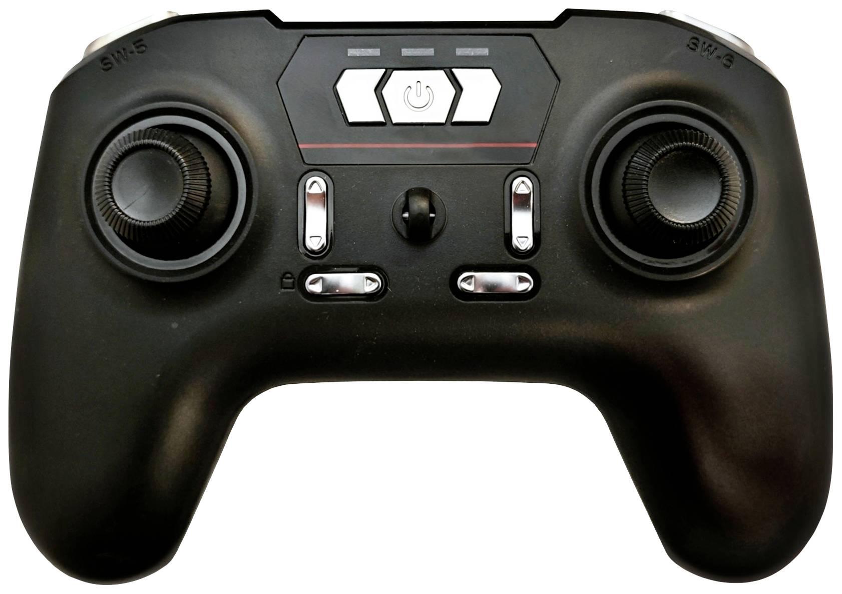 Czarny kontroler do gier z dwoma joystickami, krzyżakiem kierunkowym i przyciskami funkcyjnymi. Idealny do grania w gry wideo.