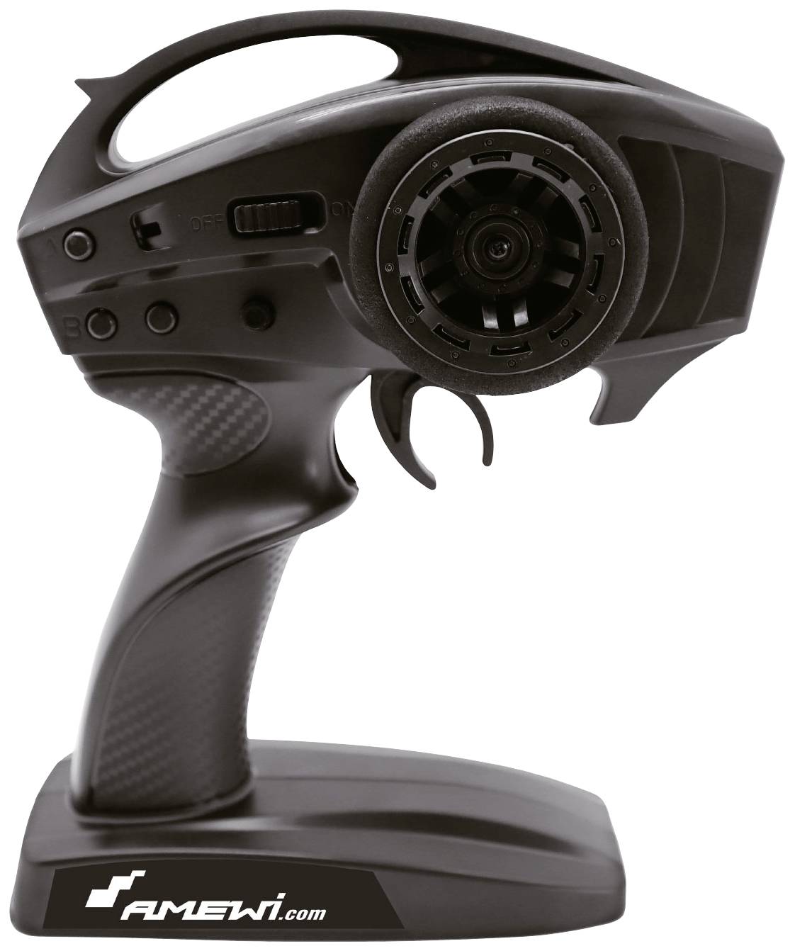 Zdalnie sterowany pistolet z pokrętłem i spustem, głównie w kolorze czarnym. Nazwa marki 'AMEWI' na podstawie.