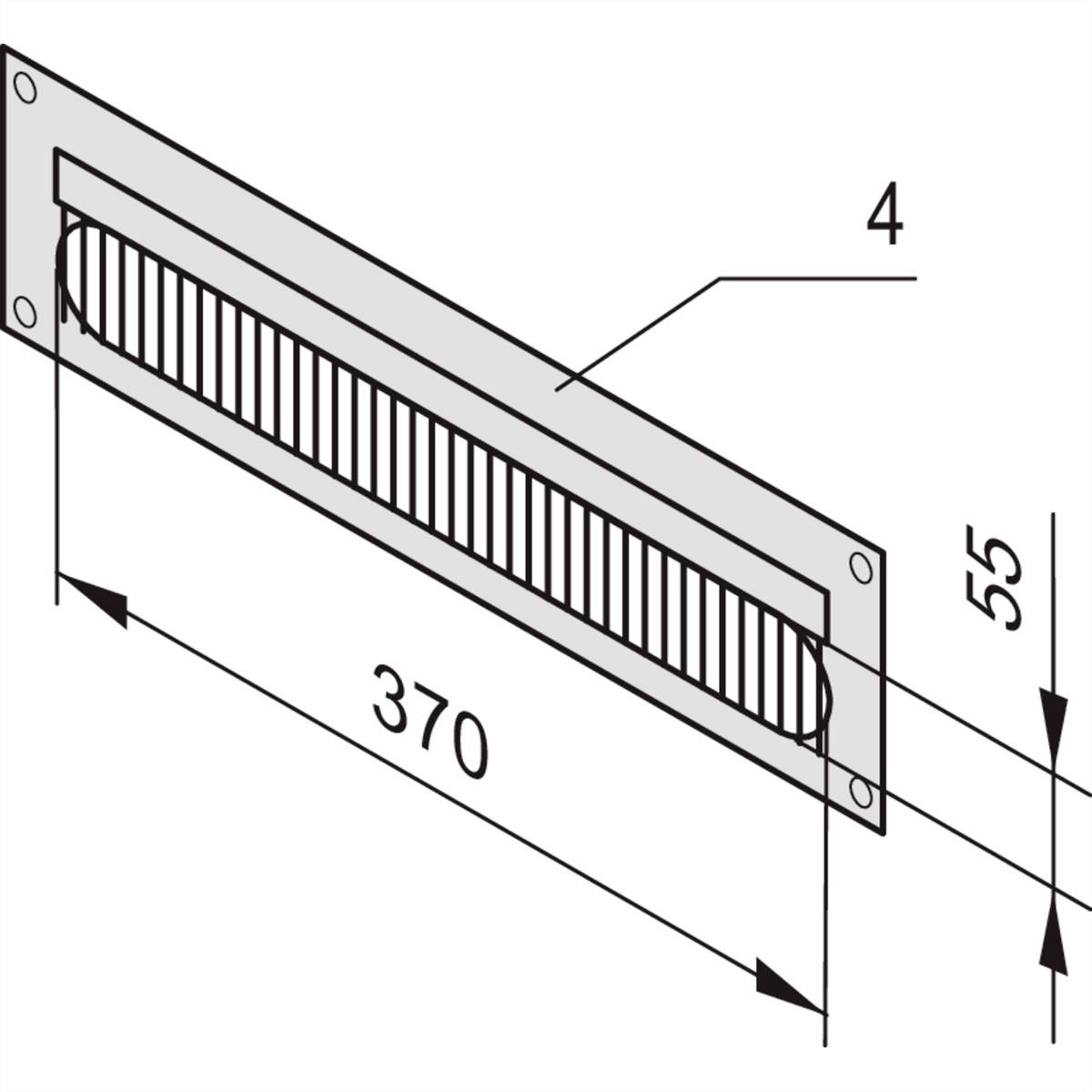 Diagram prostokątnej osłony kratki wentylacyjnej o wymiarach 370 x 55 mm. Przedstawia zagłębione szczeliny wentylacyjne i otwory mocujące.