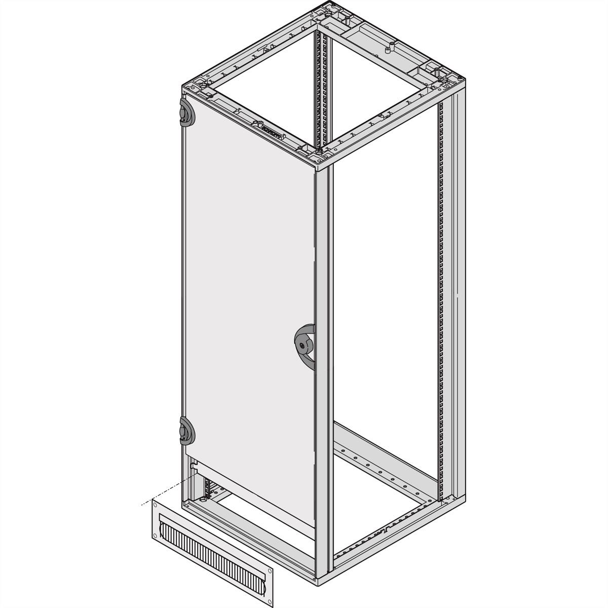 Obudowa przemysłowa bez drzwi i z otwartą ścianą boczną, prezentująca wewnętrzną konstrukcję ramową oraz kratki wentylacyjne u podstawy.