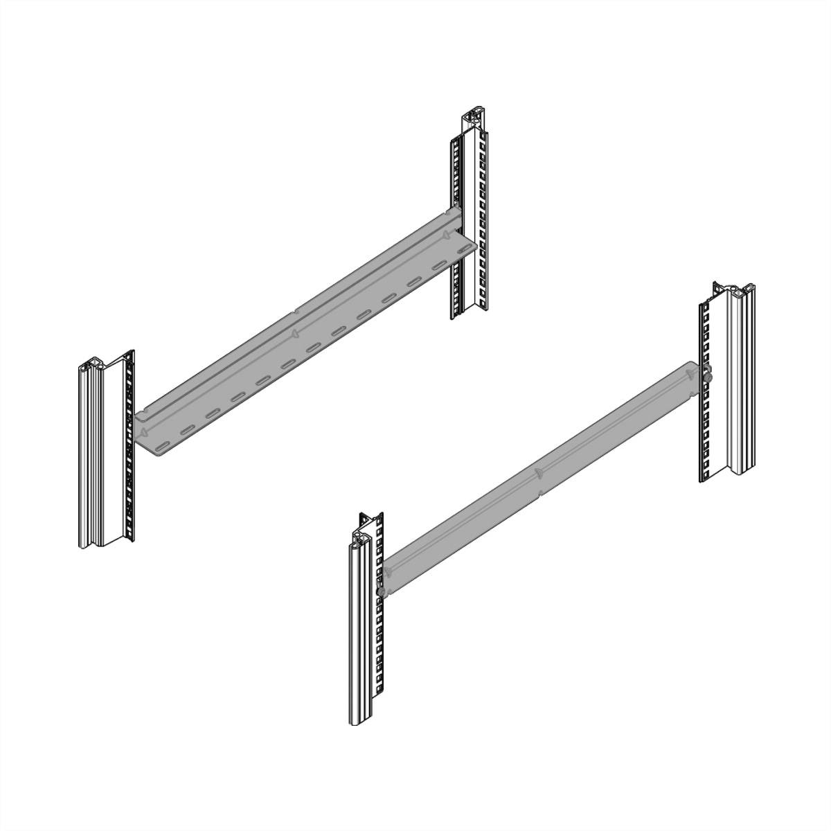Rysunek techniczny przedstawia dwie równoległe, pionowo usytuowane szyny metalowe, połączone poziomo zamocowanymi poprzeczkami.