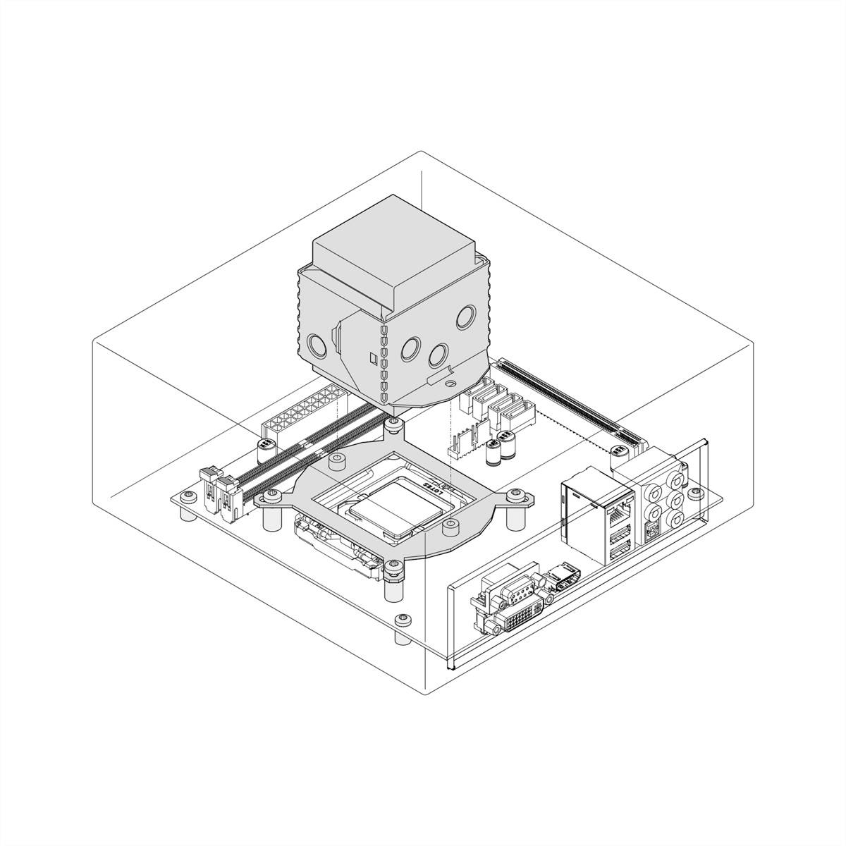 Schematyczny schemat architektury płyty głównej komputera z procesorem, jednostką chłodzącą oraz różnymi złączami i slotami.