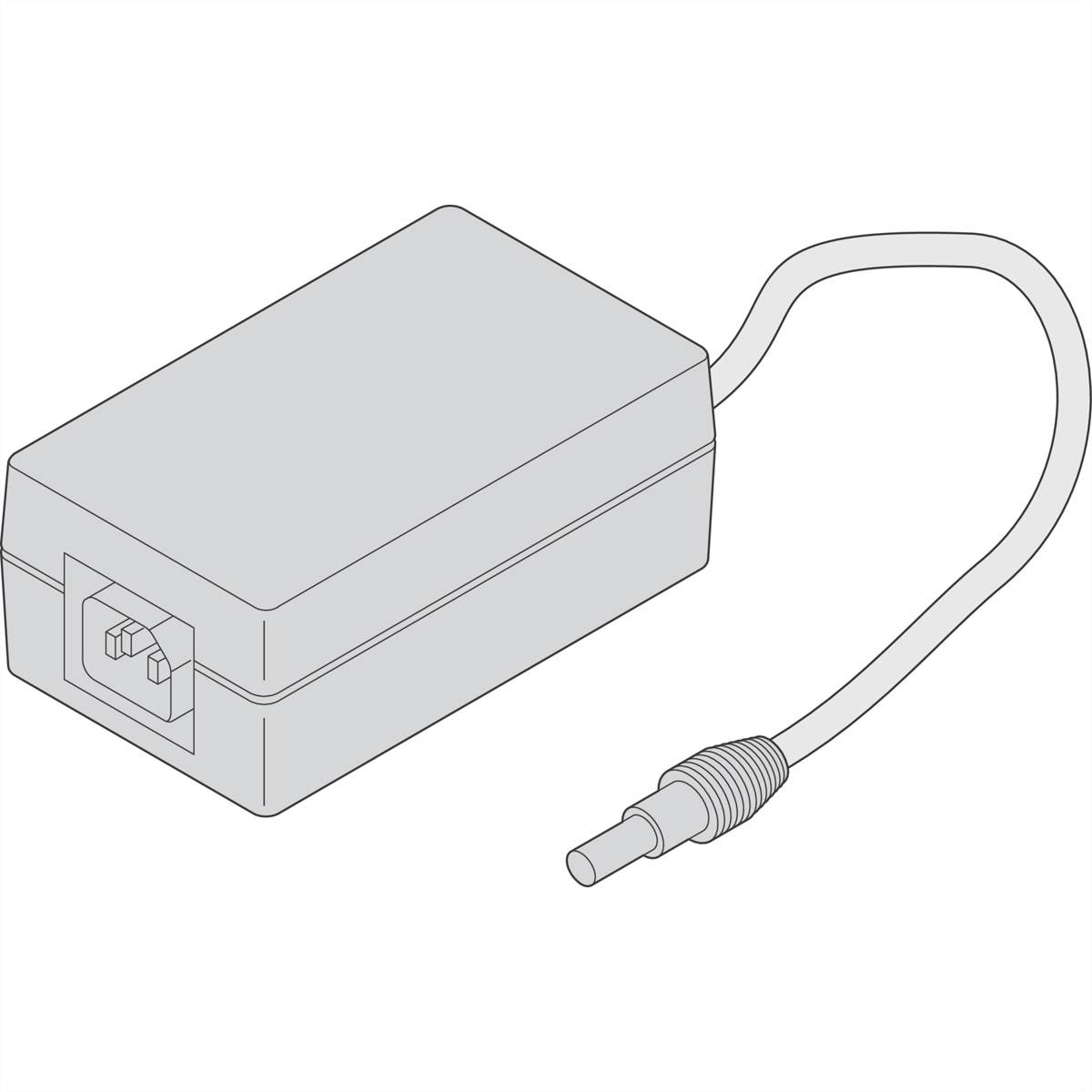 Prostokątny zasilacz do laptopa z zaokrąglonym końcem przewodu, służący do zasilania urządzenia.