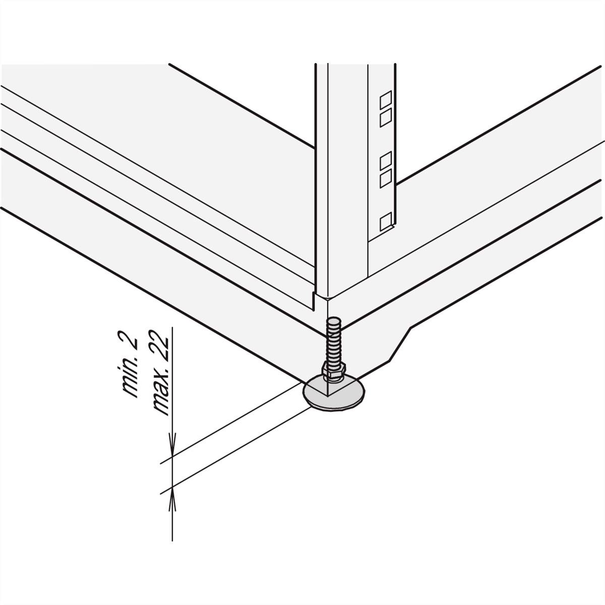 Schemat regału ze stopkami regulowanymi; przedstawia stopkę oraz minimalną (2 mm) i maksymalną (22 mm) wysokość regulacji.