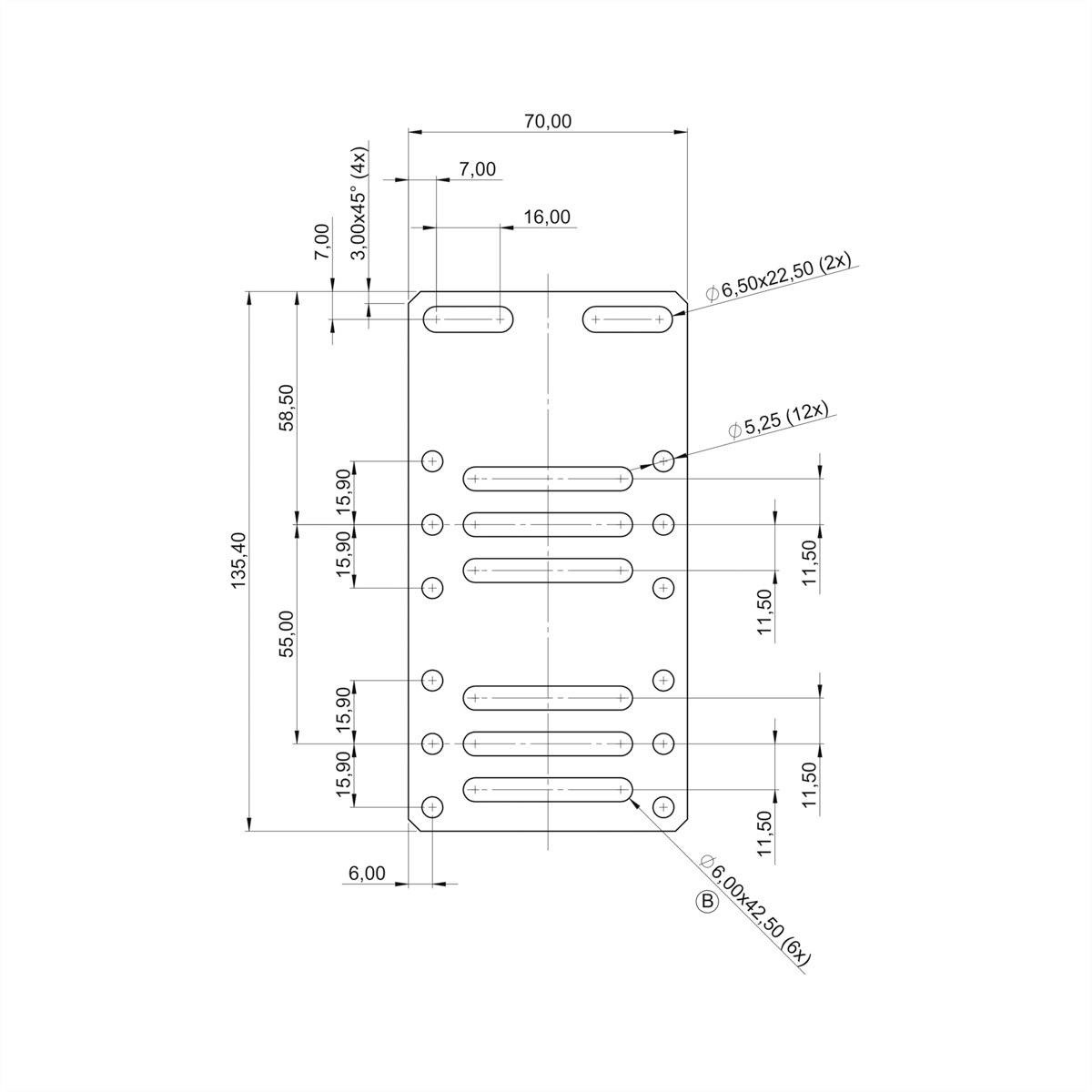 Rysunek techniczny prostokątnego elementu metalowego z wieloma otworami i wymiarami w milimetrach.