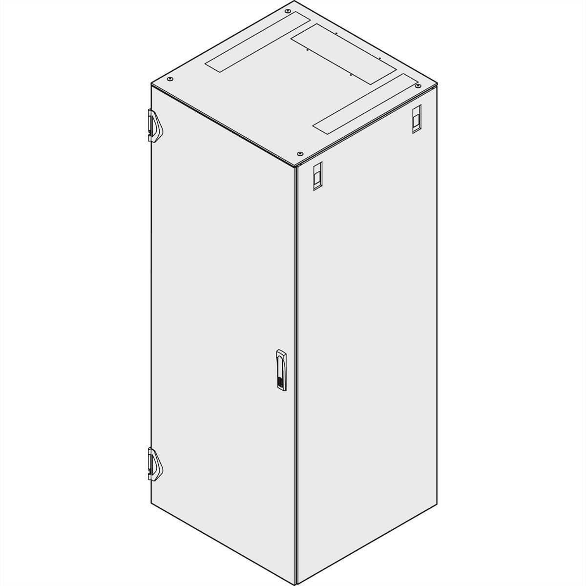 Szafa przemysłowa z metalowymi okuciami, otworami na przepusty kablowe i uchwytem, w ujęciu perspektywicznym. Odpowiednia do instalacji technicznych.